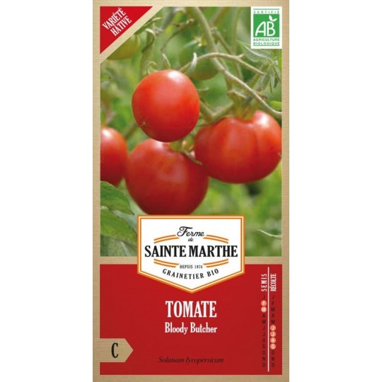 Samenbeutel mit biologischen Tomatensamen Bloody Butcher AB von La Ferme Sainte Marthe, alte Sorte