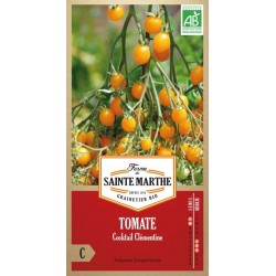 Samenbeutel mit Tomatensamen Cocktail Clémentine AB von La Ferme Sainte Marthe mit kleinen orangefarbenen Früchten