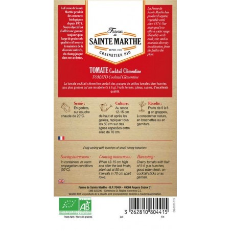 Bio-Samenbeutel Tomate Cocktail Clémentine von La Ferme Sainte Marthe mit Aussaatanweisungen
