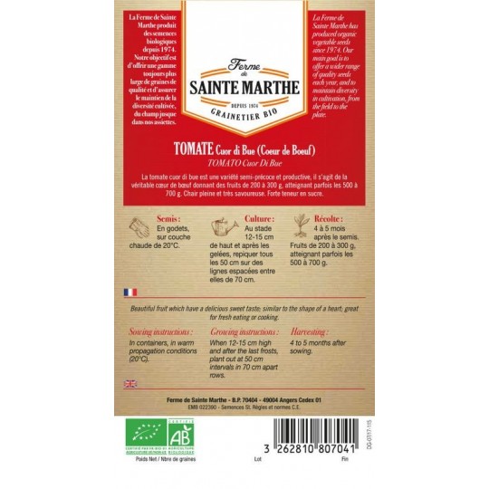 Samenpackung mit bio Tomatensamen Cuor di Bue Cœur de Bœuf von La Ferme de Sainte Marthe, alte italienische Sorte