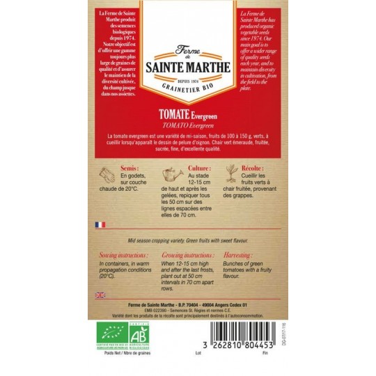 Samenpackung mit Tomatensamen Evergreen AB von La Ferme de Sainte Marthe, alte nachbaubare Sorte