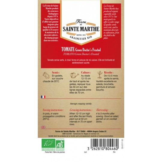 Samenbeutel von Ferme Sainte Marthe Tomate Green Doctor's Frosted AB mit Anbauinformationen