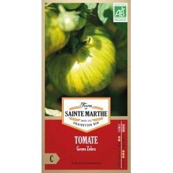 Samenbeutel mit bio Tomatensamen Green Zebra von La Ferme Sainte Marthe mit grün-gelb gestreiften Früchten