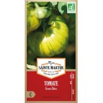 Samenbeutel mit bio Tomatensamen Green Zebra von La Ferme Sainte Marthe mit grün-gelb gestreiften Früchten