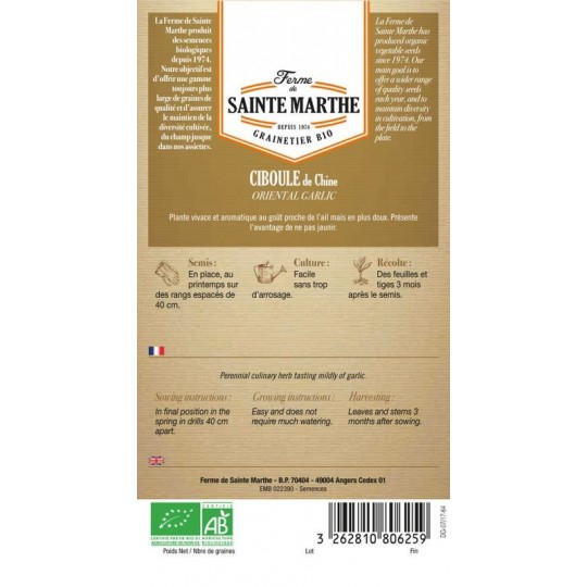 Samenbeutel mit Ciboule de Chine AB von La Ferme Sainte Marthe, biologisch zertifiziert für aromatische Kultur