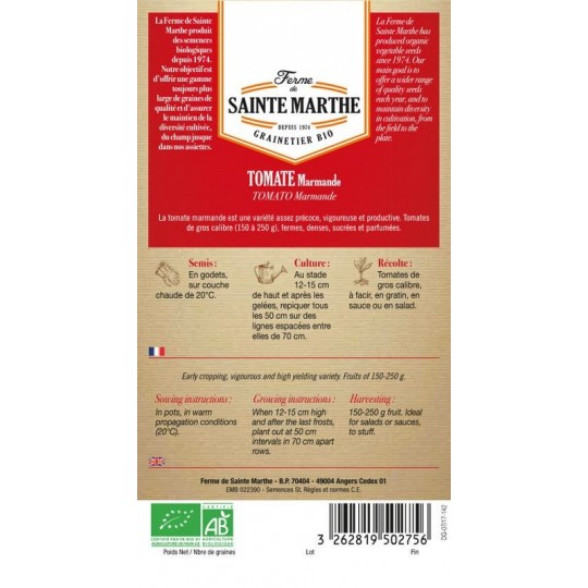 Samenbeutel Tomate Marmande AB von La Ferme Sainte Marthe mit detaillierter Anbauanleitung
