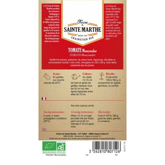 Samenbeutel Tomate Moneymaker AB von La Ferme Sainte Marthe, zertifizierte frühe Bio-Sorte