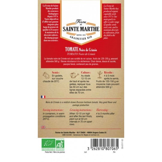 Samenbeutel Tomate Noire de Crimée AB von La Ferme Sainte Marthe mit Aussaatanleitung
