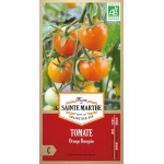 Biologischer Samenbeutel Tomate Orange Bourgoin mit reifen orangen Früchten an der Pflanze