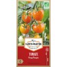 Biologischer Samenbeutel Tomate Orange Bourgoin mit reifen orangen Früchten an der Pflanze