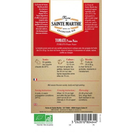Bio-Samenbeutel Tomate Prune Noire von La Ferme Sainte Marthe, alte nachbaufähige Sorte