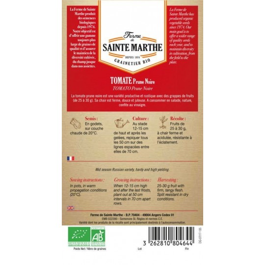 Bio-Samenbeutel Tomate Prune Noire von La Ferme Sainte Marthe, alte nachbaufähige Sorte