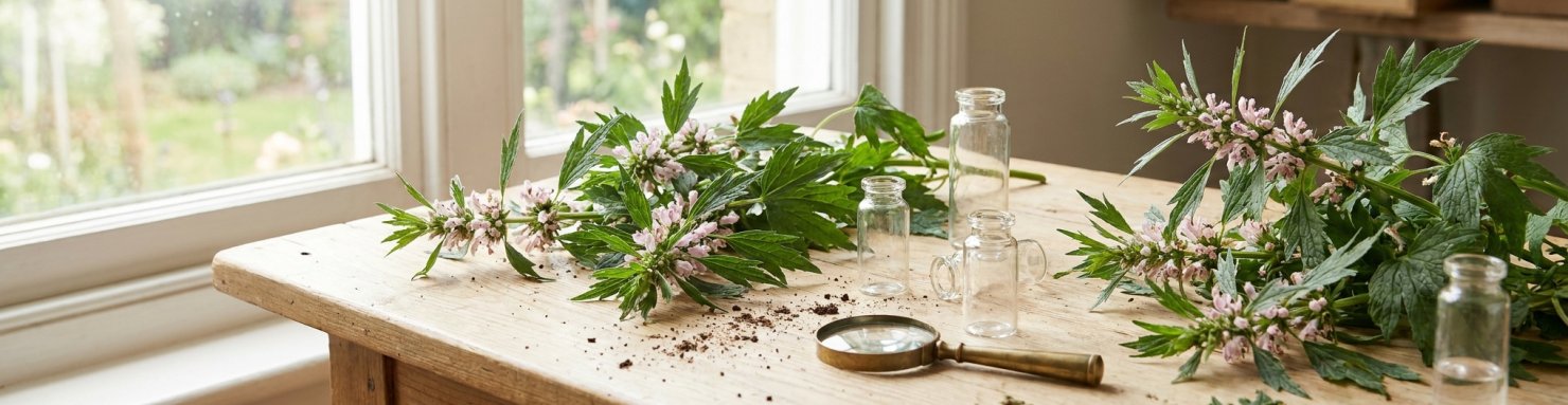 Sommités fleuries d'agripaume sur une table de botaniste avec loupe et flacons, étude de sa composition