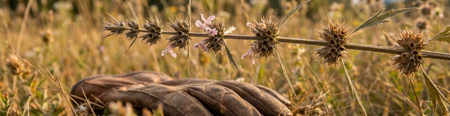 Calices épineux d'agripaume en fin d'été et gant de jardinier, précautions face à la plante