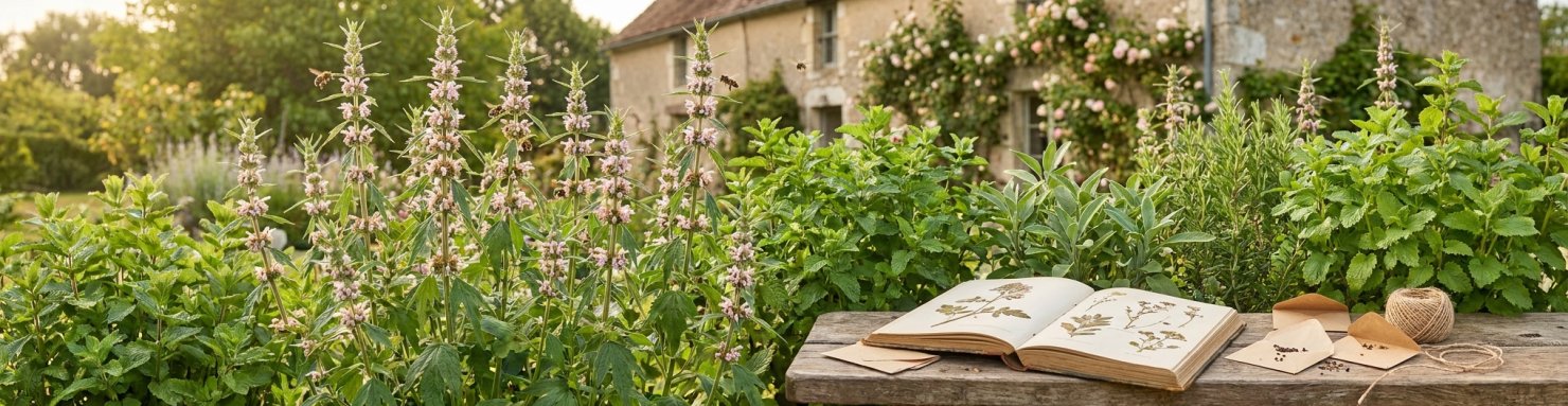 Agripaume en fleurs dans un jardin de simples avec menthe, sauge, herbier ancien et sachets de graines
