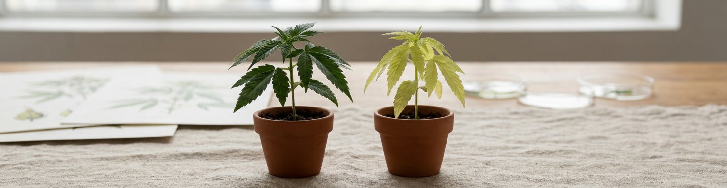 Deux plants de cannabis vert foncé et vert clair illustrant un allèle dominant et un allèle récessif