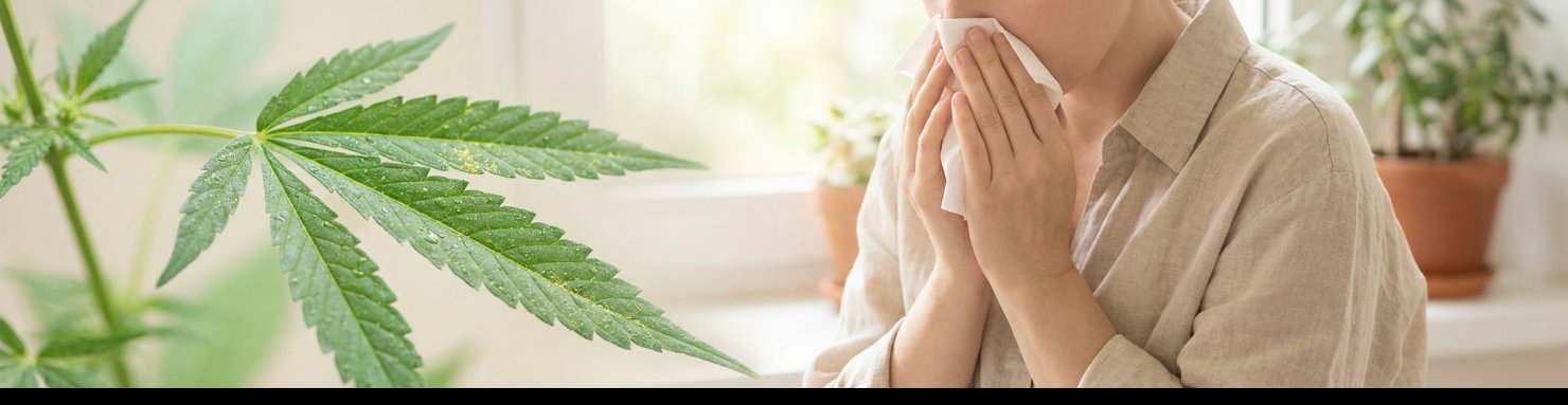 Feuille de cannabis et personne avec un mouchoir illustrant les symptômes d'une allergie au cannabis
