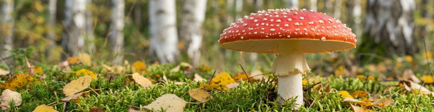 Amanite tue-mouche au chapeau rouge couvert de flocons blancs dans la mousse d'une forêt de bouleaux