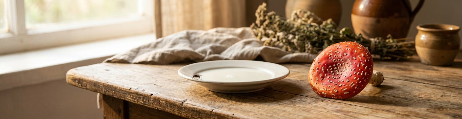 Soucoupe de lait et chapeau d'amanite tue-mouche sur une table de ferme, origine du nom tue-mouche
