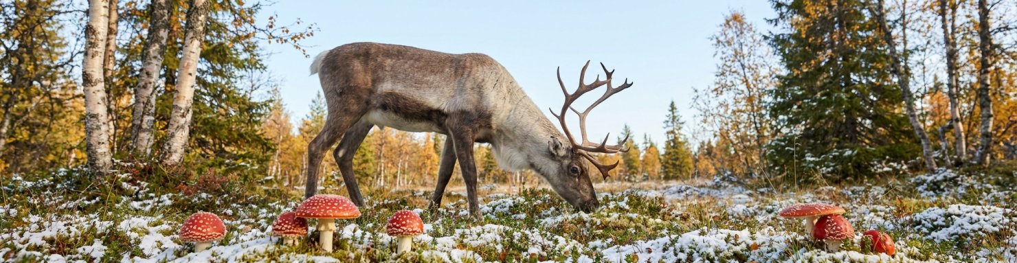 Renne dans une forêt boréale de bouleaux parsemée d'amanites tue-mouches, lien avec les traditions de Sibérie
