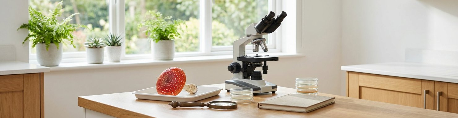 Spécimen d'amanite tue-mouche étudié au laboratoire de mycologie à côté d'un microscope, toxicité et muscimol
