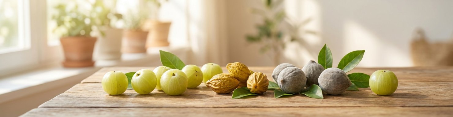 Les trois fruits du triphala : amla vert pâle, haritaki jaune et bibhitaki gris sur une table en bois