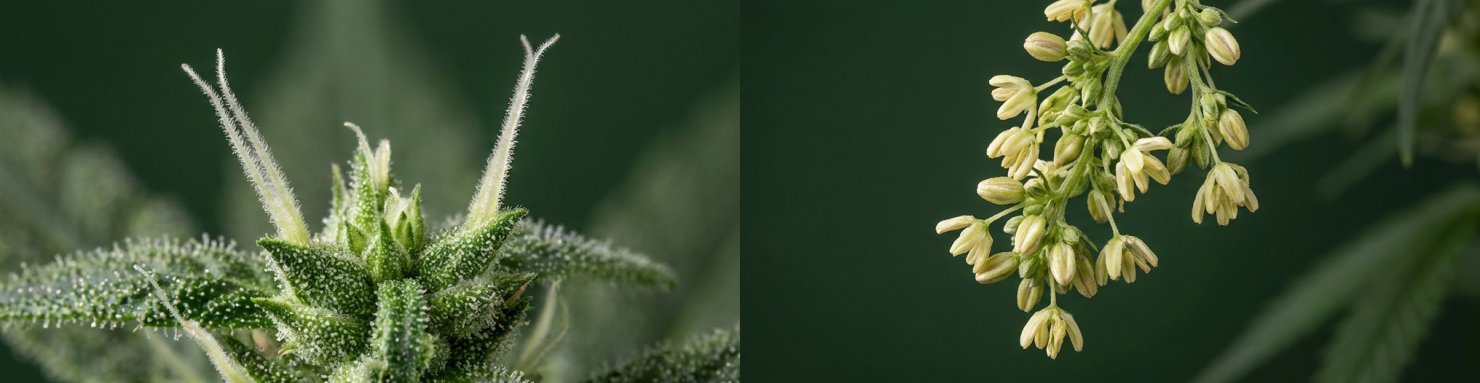 Comparaison anatomique des fleurs mâle et femelle du cannabis : pistils blancs sur calice femelle, sacs polliniques en panicule sur le pied mâle