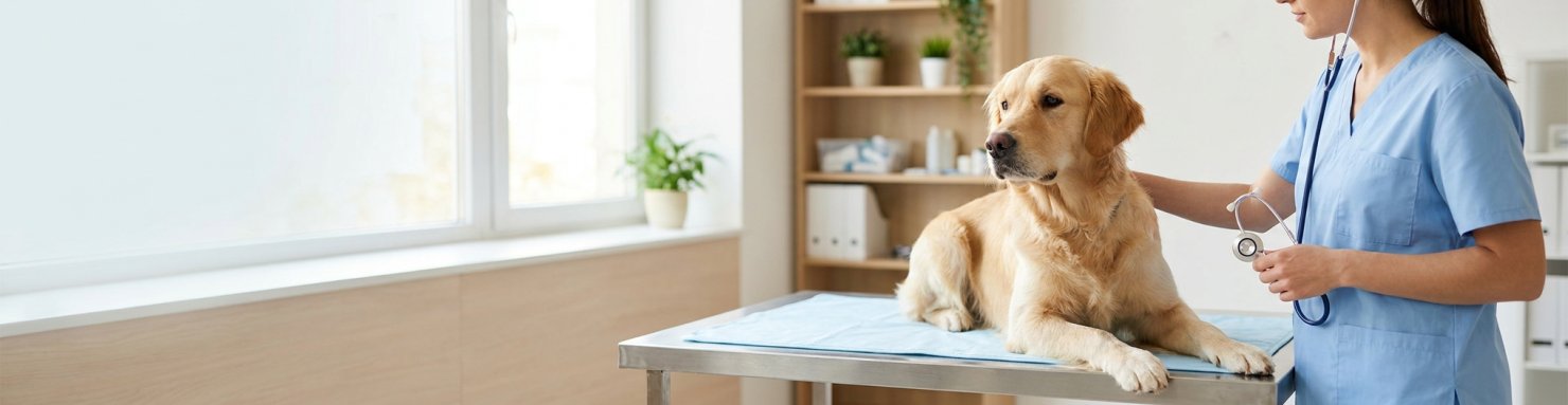 Animal domestique exposé à des substances, consultation vétérinaire avec un chien calme sur la table d'examen