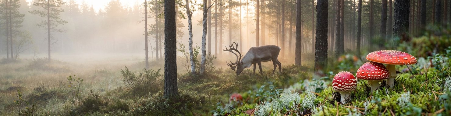 Animaux sauvages et substances psychoactives naturelles, renne en forêt boréale près d'amanites tue-mouches