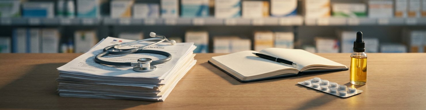 Bureau de pharmacien d'officine avec documents ANSM pharmacovigilance et flacon de CBD illustrant les alertes sanitaires françaises sur les interactions médicamenteuses