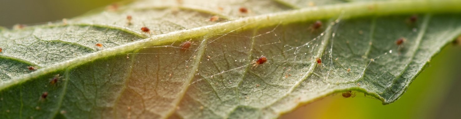 Araignée rouge : colonie de tétranyques et fines toiles sur la face inférieure d'une feuille