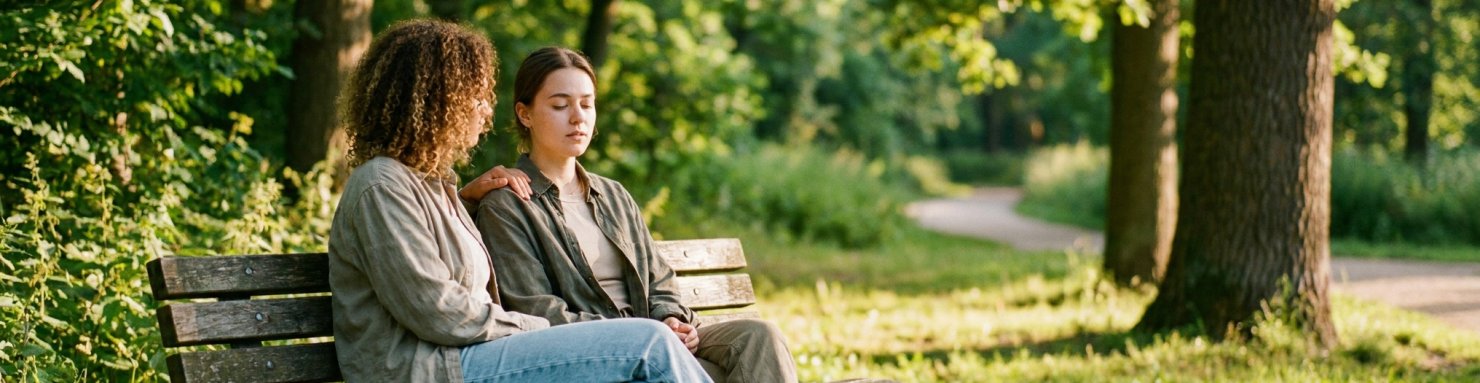 Une amie pose une main rassurante sur l'épaule d'une personne qui respire calmement sur un banc, geste clé face à un bad trip