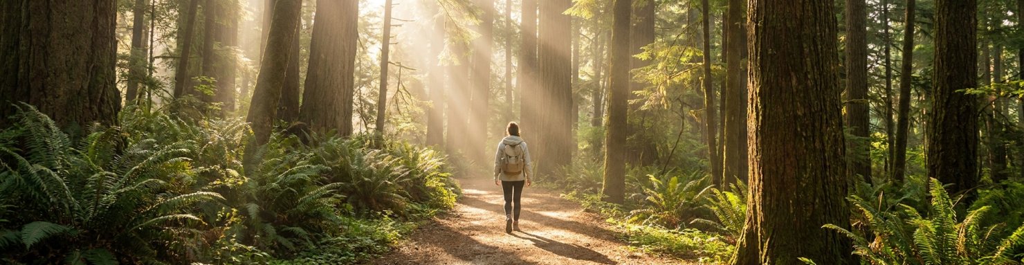 Personne marchant sur un sentier forestier ensoleillé, image du rétablissement après un bad trip
