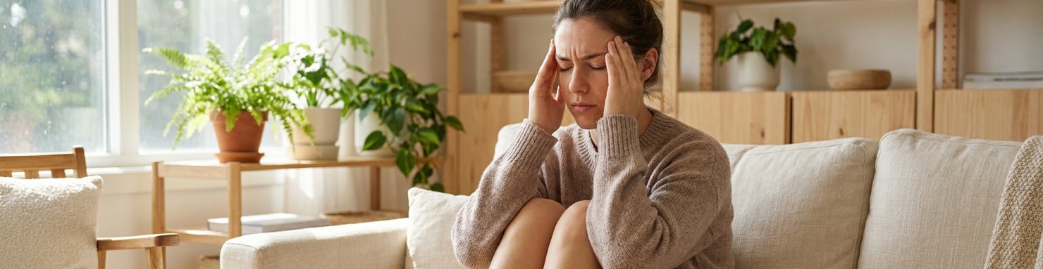 Jeune femme assise sur un canapé, les mains sur les tempes, submergée par l'angoisse typique d'un bad trip