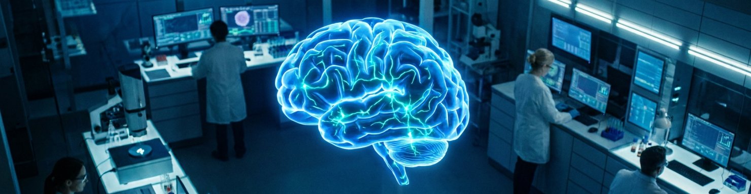 Cerveau humain stylisé bleu électrique avec circuits dopaminergiques fluorescents en laboratoire de neuroscience CBD TDAH