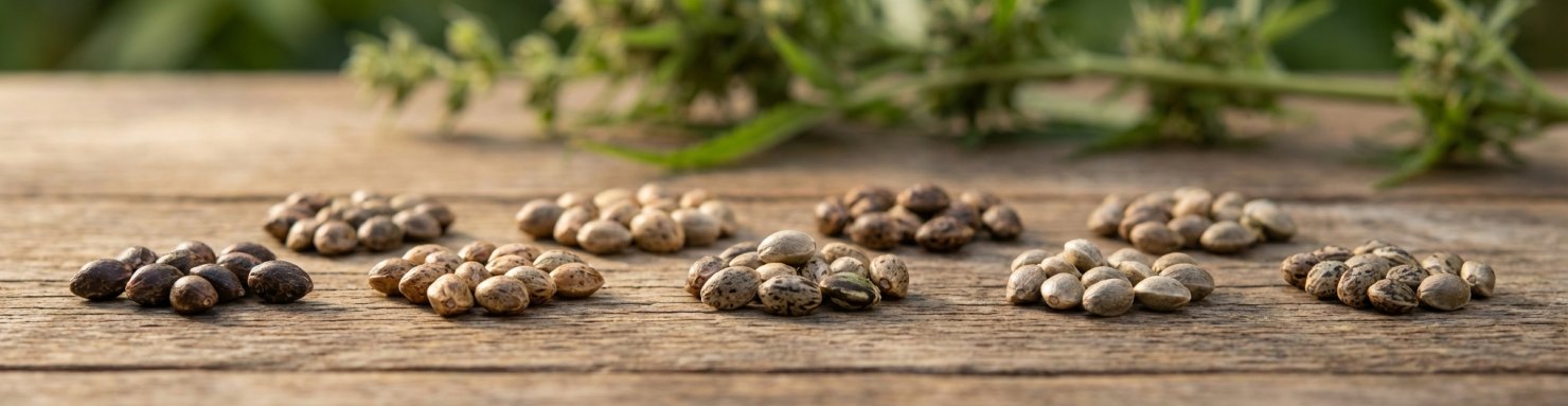 Collection de graines autofloraison disposees sur une surface en bois