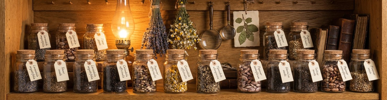 Collection de graines botaniques conservées dans des bocaux en verre