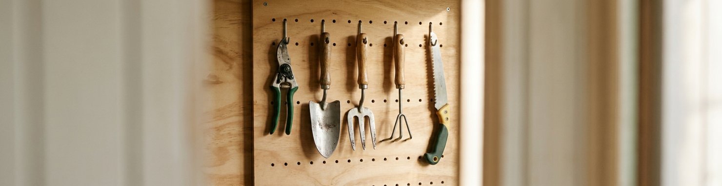 Outils de jardin dont un sécateur rangés proprement sur un panneau mural