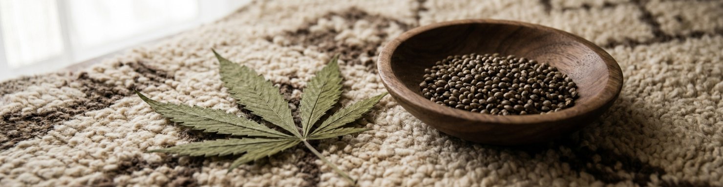 Feuille de cannabis indica Beldia landrace marocaine sur tapis berbère, génétique originelle du Rif