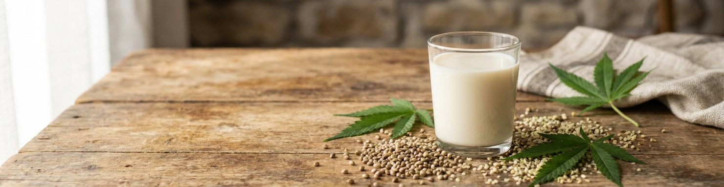 Graines de chanvre et verre de lait végétal riche en oméga-3