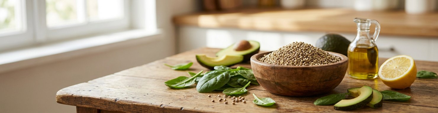 Graines de chanvre dans un bol avec ingrédients frais, source de protéines et oméga-3
