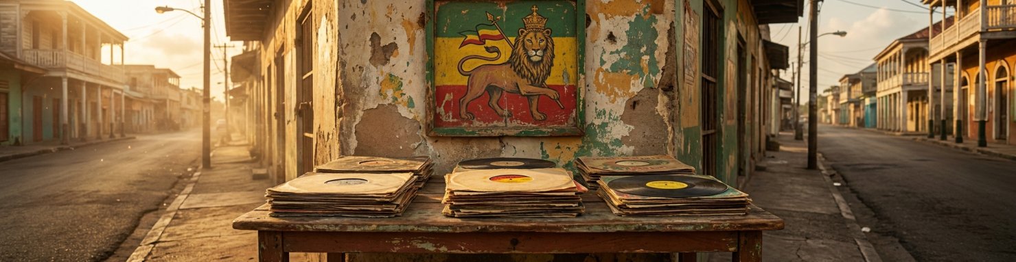 Ambiance jamaïcaine vintage avec vinyles reggae et iconographie Lion de Juda, culture rastafari et héritage musical lié à Hailé Sélassié