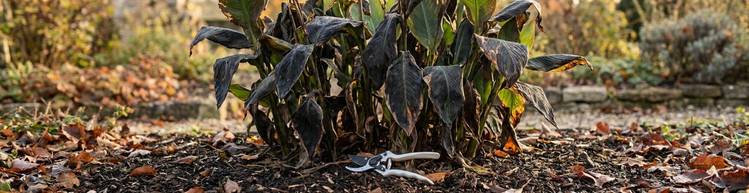 Touffe de cannas au feuillage noirci par les premières gelées d'automne, sécateur posé sur le paillis, moment de tailler les cannas