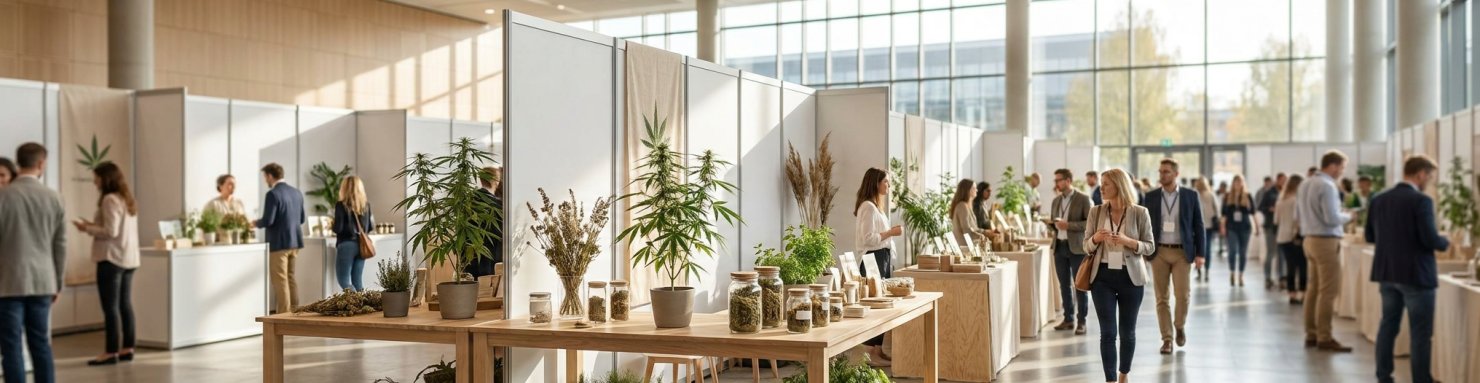 Hall d'une canna expo avec stands de seedbanks et plants de chanvre