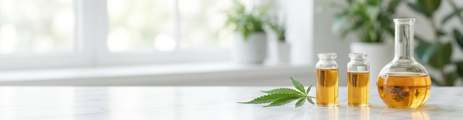 Fioles d'extrait de chanvre en laboratoire illustrant la science du cannabicyclol (CBL)