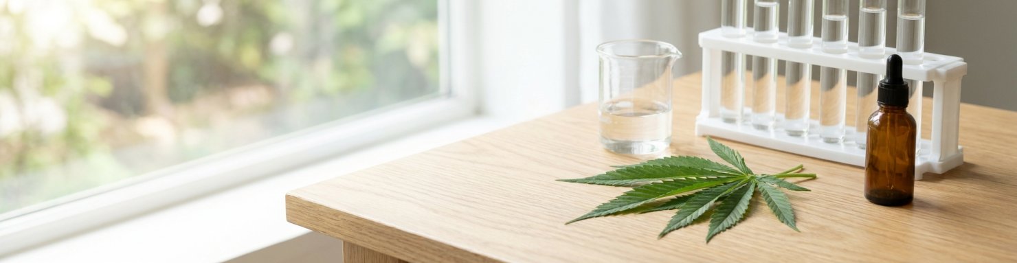 Feuille de chanvre et verrerie de laboratoire évoquant la recherche sur les cannabinoïdes et la sclérose en plaques