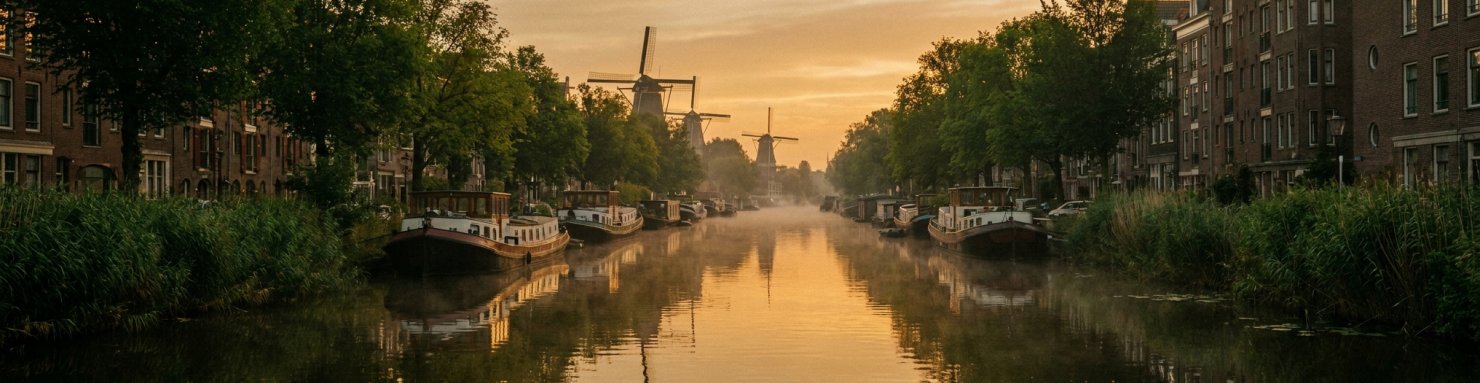 Canaux d Amsterdam au coucher du soleil, capitale historique de la Cannabis Cup creee par High Times Magazine en 1988