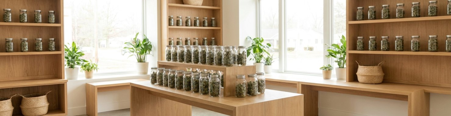 Intérieur lumineux d'une boutique de cannabis autorisée dans l'État du Michigan avec bocaux de fleurs séchées