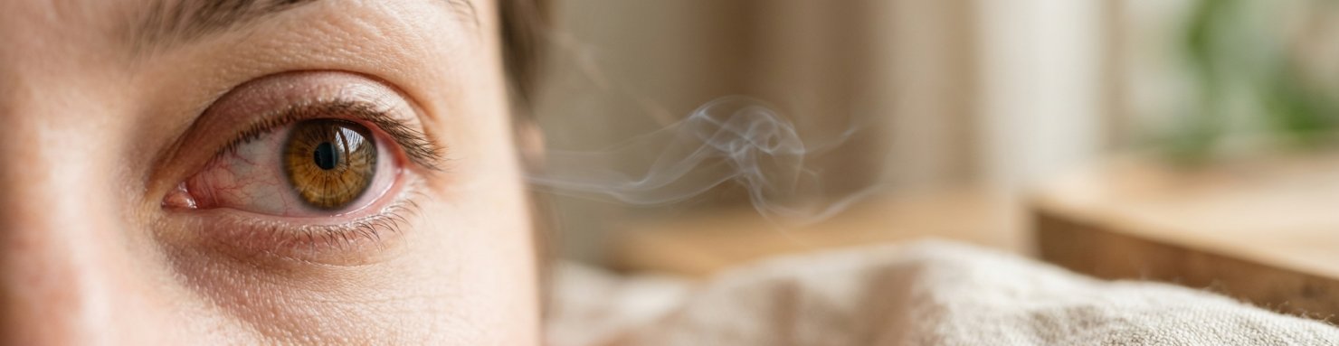 Œil aux yeux rouges après le cannabis avec un filet de fumée