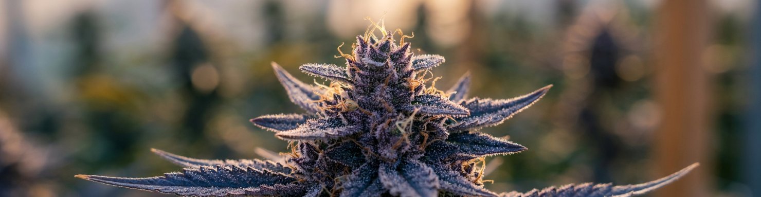 Caractéristiques botaniques de la Blue Sunset Sherbert : inflorescence aux nuances pourpres et trichomes denses, signature génétique de la lignée Sherbet